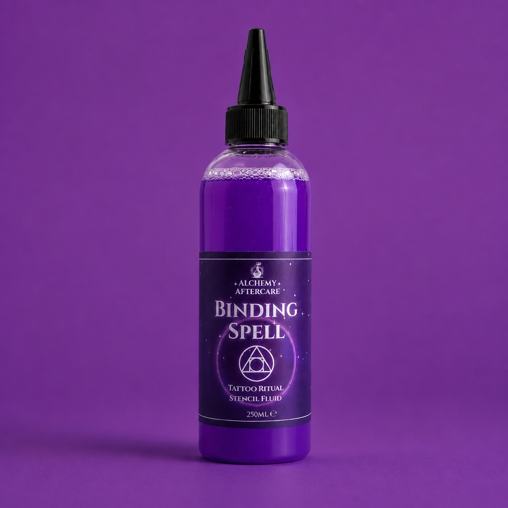 Binding Spell tattoo stencil fluid in 250ml squeeze bottle for professional tattoo artists, purple background