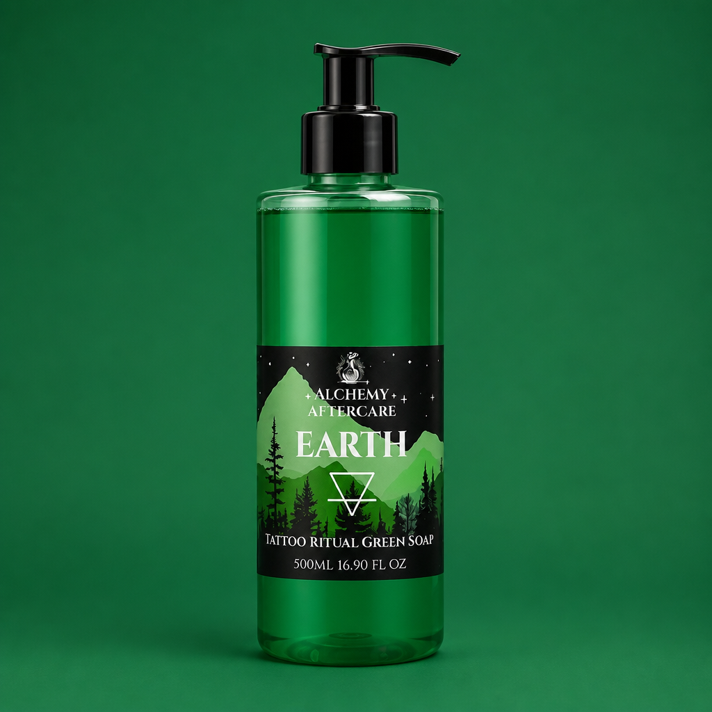 Earth Green Soap Concentrate with Myrrh & Tonka fragrance for professional tattoo artists, handcrafted in Sheffield, pump, green background