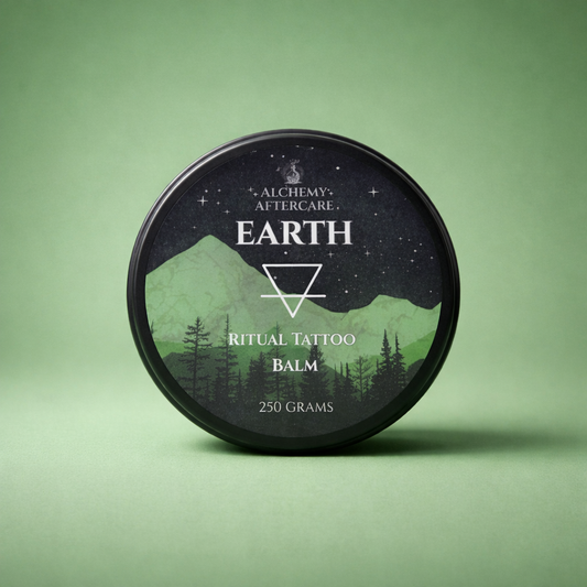 Earth Tattoo Balm with Myrrh & Tonka fragrance, vegan tattoo aftercare balm handcrafted in Sheffield green