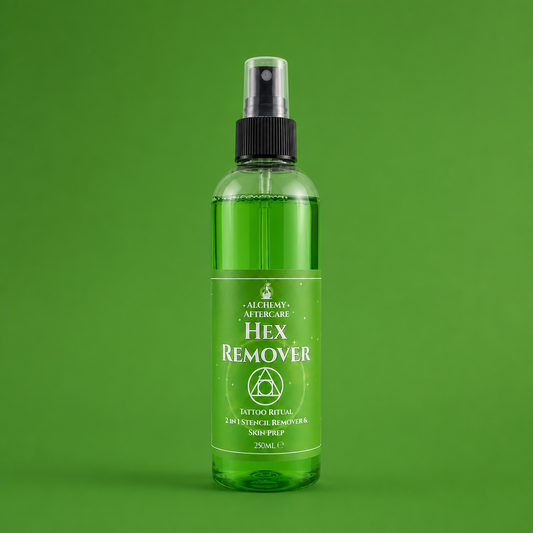 Hex Remover tattoo stencil remover and skin prep spray in 250ml trigger bottle for professional tattoo artists, green back ground