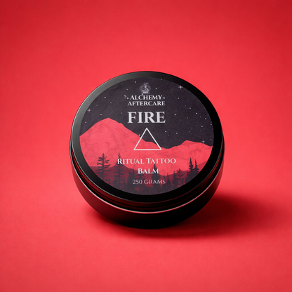 Fire Tattoo Balm with Dragon's Blood fragrance, vegan tattoo aftercare balm handcrafted in Sheffield for fresh tattoos red
