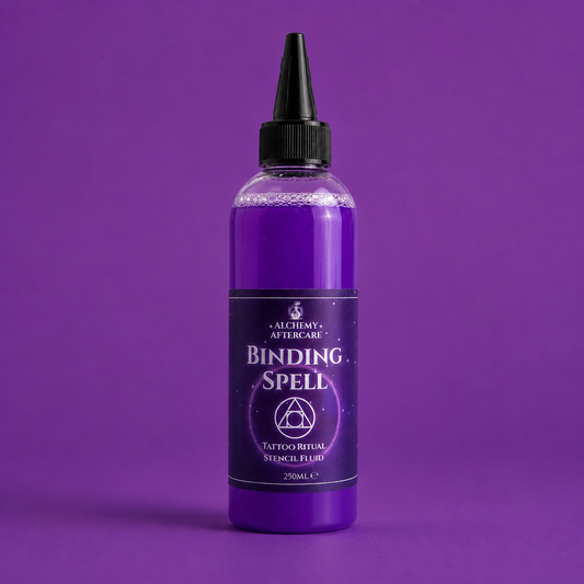 Binding Spell tattoo stencil fluid in 250ml squeeze bottle for professional tattoo artists, purple background