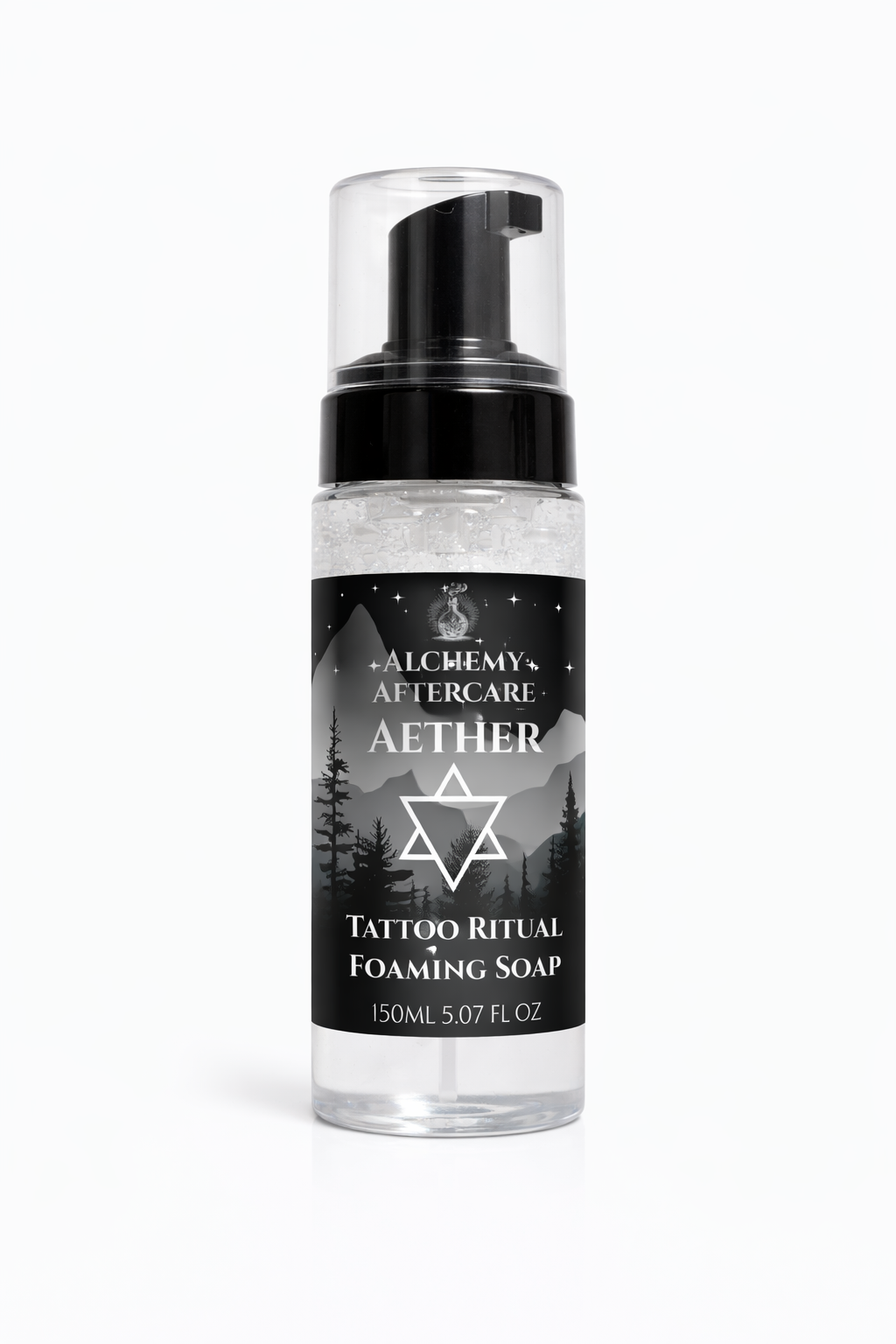 Aether Fragrance Free Tattoo Foaming Cleanser for fresh tattoos in reusable foaming bottle, white back grouns