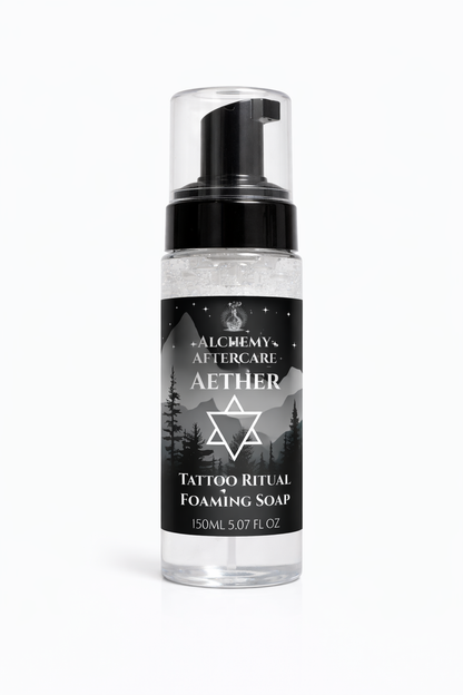 Aether Fragrance Free Tattoo Foaming Cleanser for fresh tattoos in reusable foaming bottle, white back grouns