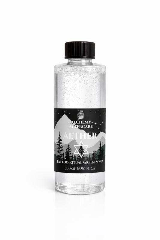 Bottle of Alchemy & Aetherecure Tattoo Ritual Green Soap on a white background