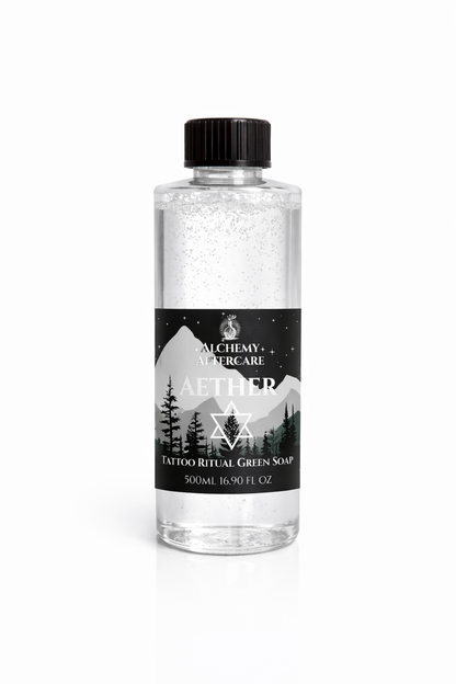Aether Green Soap Concentrate fragrance free for professional tattoo artists, handcrafted in Sheffield, cap, white background