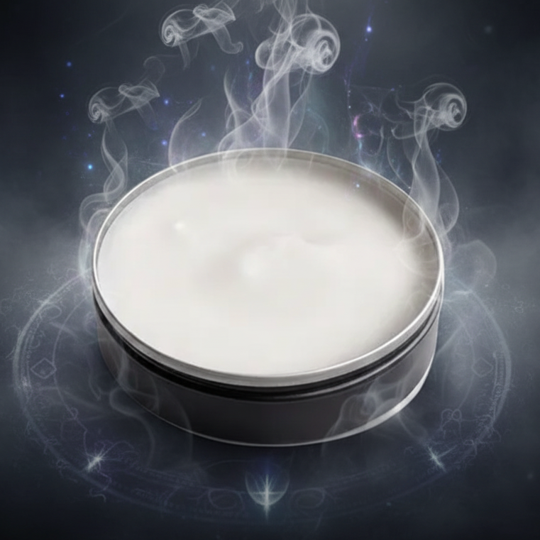 Round container with white cream on a light gray background