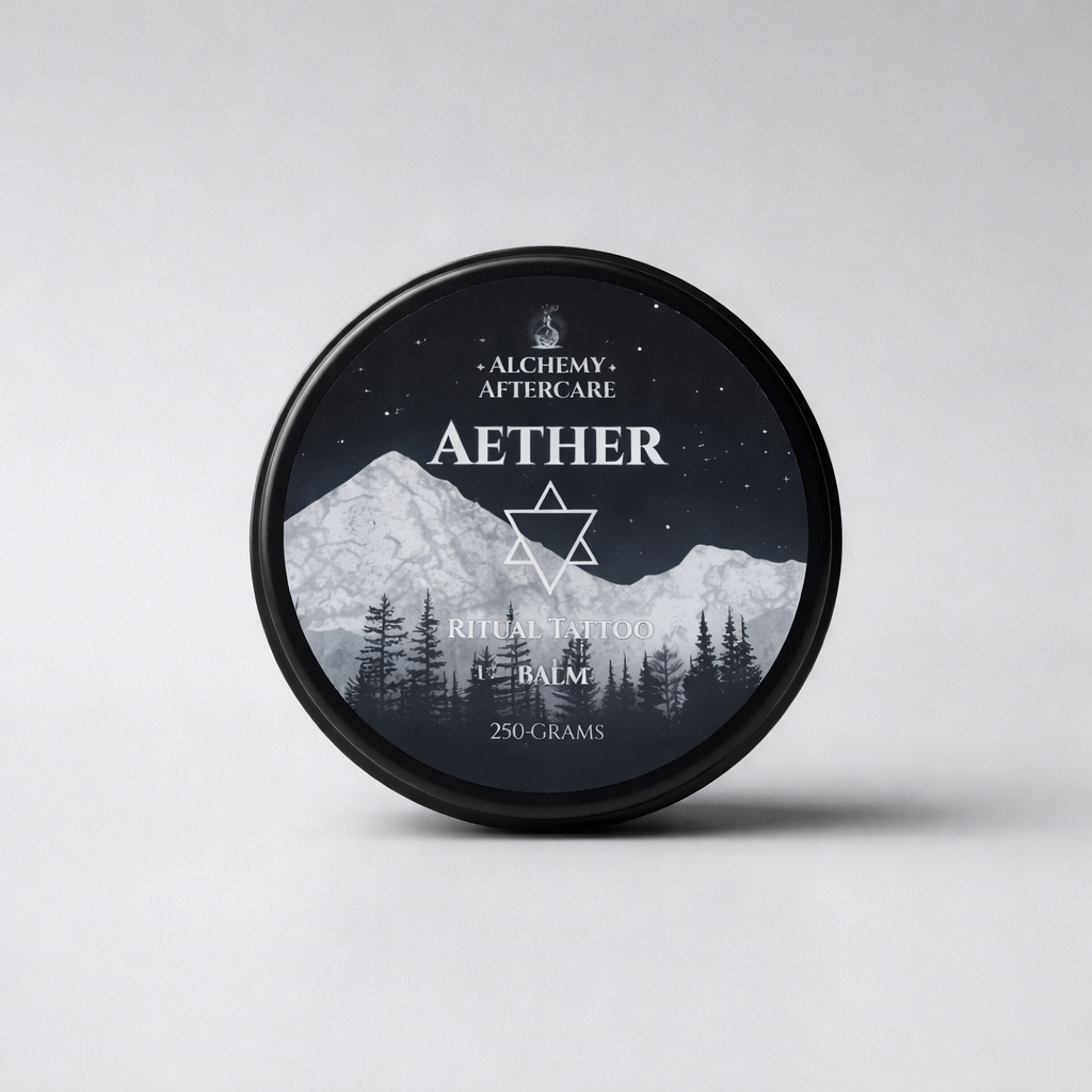 Aether Tattoo Balm, fragrance free vegan tattoo aftercare balm handcrafted in Sheffield for sensitive skin grey