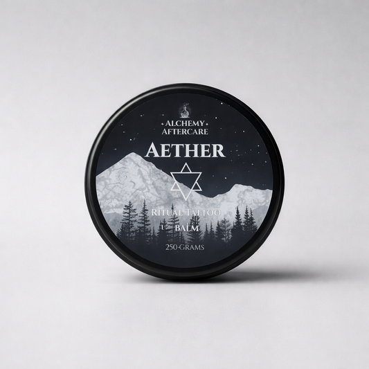 Aether Tattoo Balm, fragrance free vegan tattoo aftercare balm handcrafted in Sheffield for sensitive skin grey