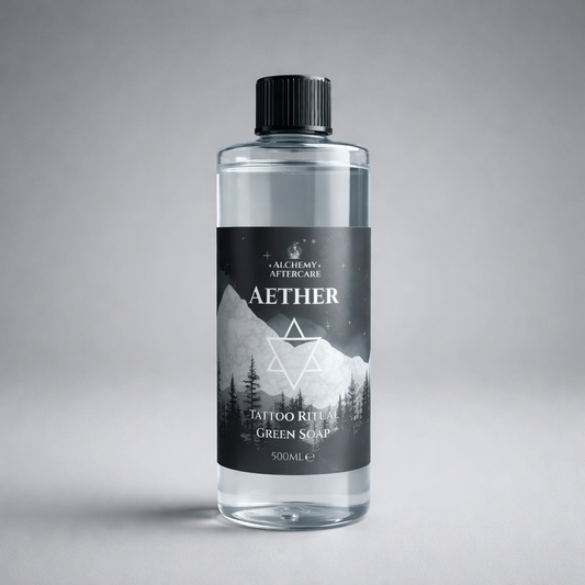 Aether Green Soap Concentrate fragrance free for professional tattoo artists, handcrafted in Sheffield, cap grey back ground