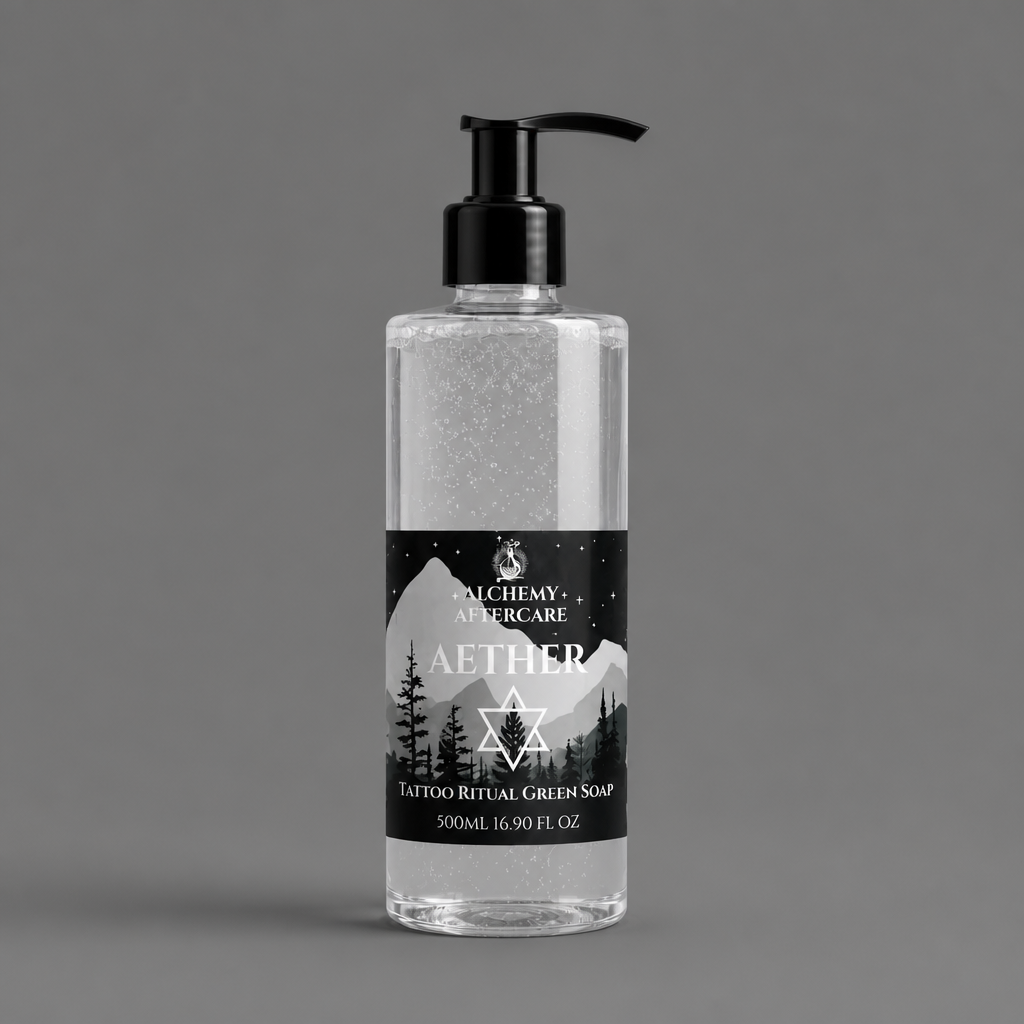 Aether Green Soap Concentrate fragrance free for professional tattoo artists, handcrafted in Sheffield, pump grey background