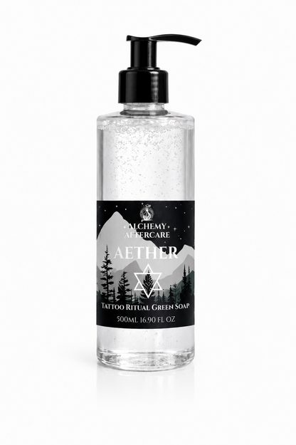Aether Green Soap Concentrate fragrance free for professional tattoo artists, handcrafted in Sheffield, pump, white background