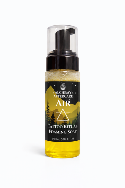 Foaming tattoo soap bottle labeled 'Air' by Alchemy Aftercare on a white background