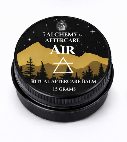 Alchemy Aftercare Air Ritual Aftercare Balm container with mountain and tree design on a white background