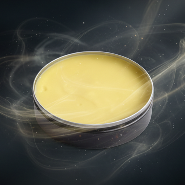 Round container with yellow cream inside on a white background