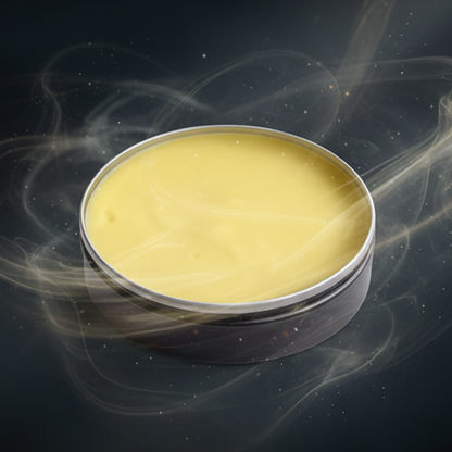 Round container with yellow cream inside on a white background
