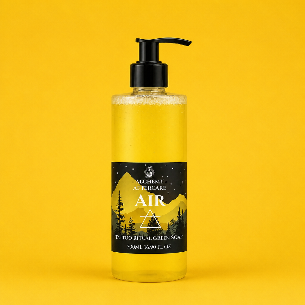 Air Green Soap Concentrate with Oatmeal, Milk & Honey fragrance for professional tattoo artists, handcrafted in Sheffield, pump, yellow back ground