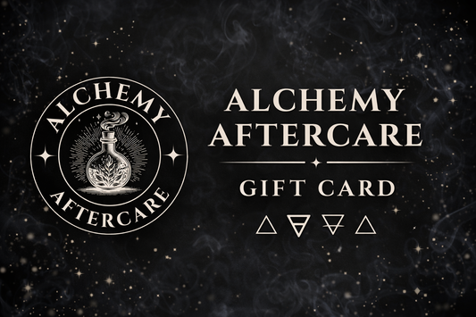 Alchemy Aftercare gift card design with logo and text on a dark background