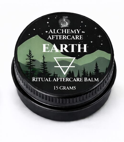 Alchemy Aftercare Earth Ritual Aftercare Balm container with nature-themed design on a white background