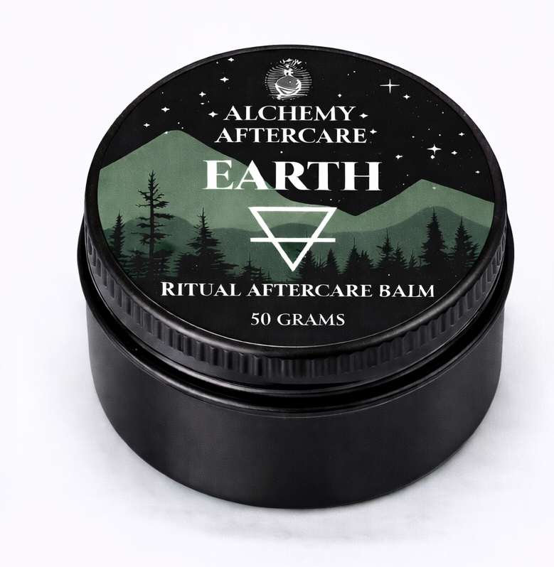 Black jar of Alchemy Aftercare Earth Ritual Aftercare Balm with mountain and tree design on lid.