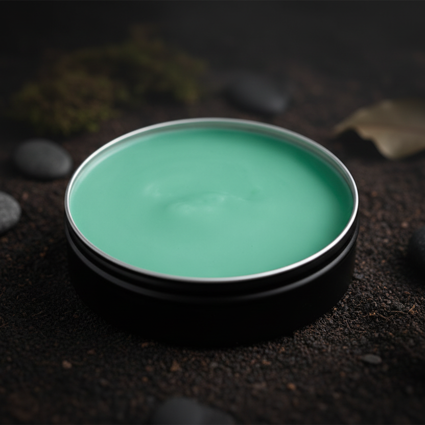 Green cream in a round container with a black base on a white background