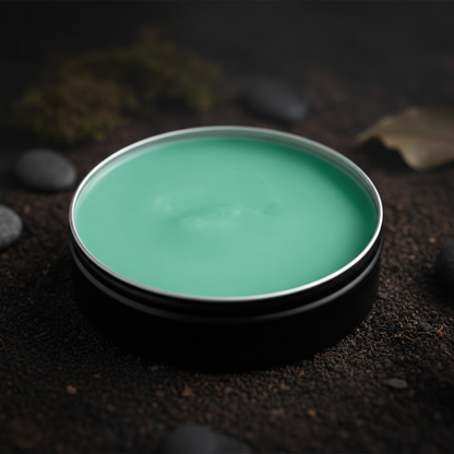 Green cream in a round container with a black base on a white background