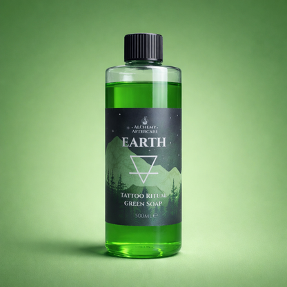 Earth Green Soap Concentrate with Myrrh & Tonka fragrance for professional tattoo artists, handcrafted in Sheffield, cap green back ground