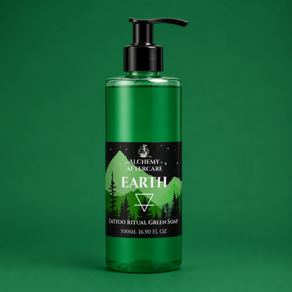Earth Green Soap Concentrate with Myrrh & Tonka fragrance for professional tattoo artists, handcrafted in Sheffield, pump, green background