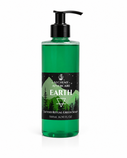 Earth Green Soap Concentrate with Myrrh & Tonka fragrance for professional tattoo artists, handcrafted in Sheffield, pump, white background