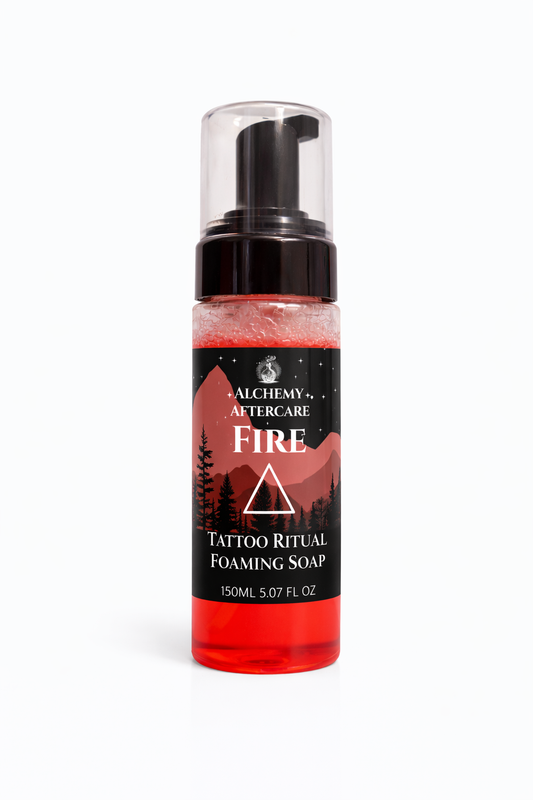 Foaming tattoo soap bottle labeled 'Fire' by Alchemy Aftercare on a white background