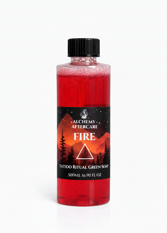 Bottle of Alchemy Aftercare Tattoo Ritual Green Soap with a red label on a white background