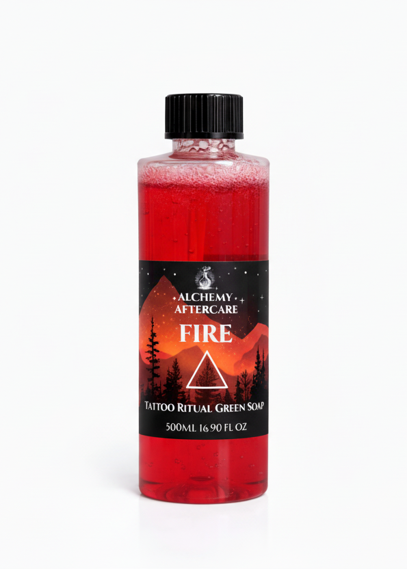 Fire Green Soap Concentrate with Dragon's Blood fragrance for professional tattoo artists, handcrafted in Sheffield cap white background