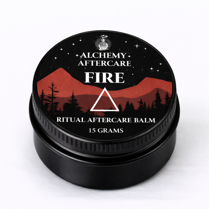 Alchemy Aftercare Fire Ritual Aftercare Balm container with mountain design on a white background