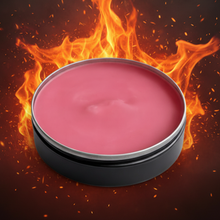 Pink lip balm in a black container on a white background