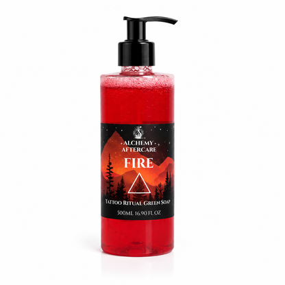 Fire Green Soap Concentrate with Dragon's Blood fragrance for professional tattoo artists, handcrafted in Sheffield pump red back ground