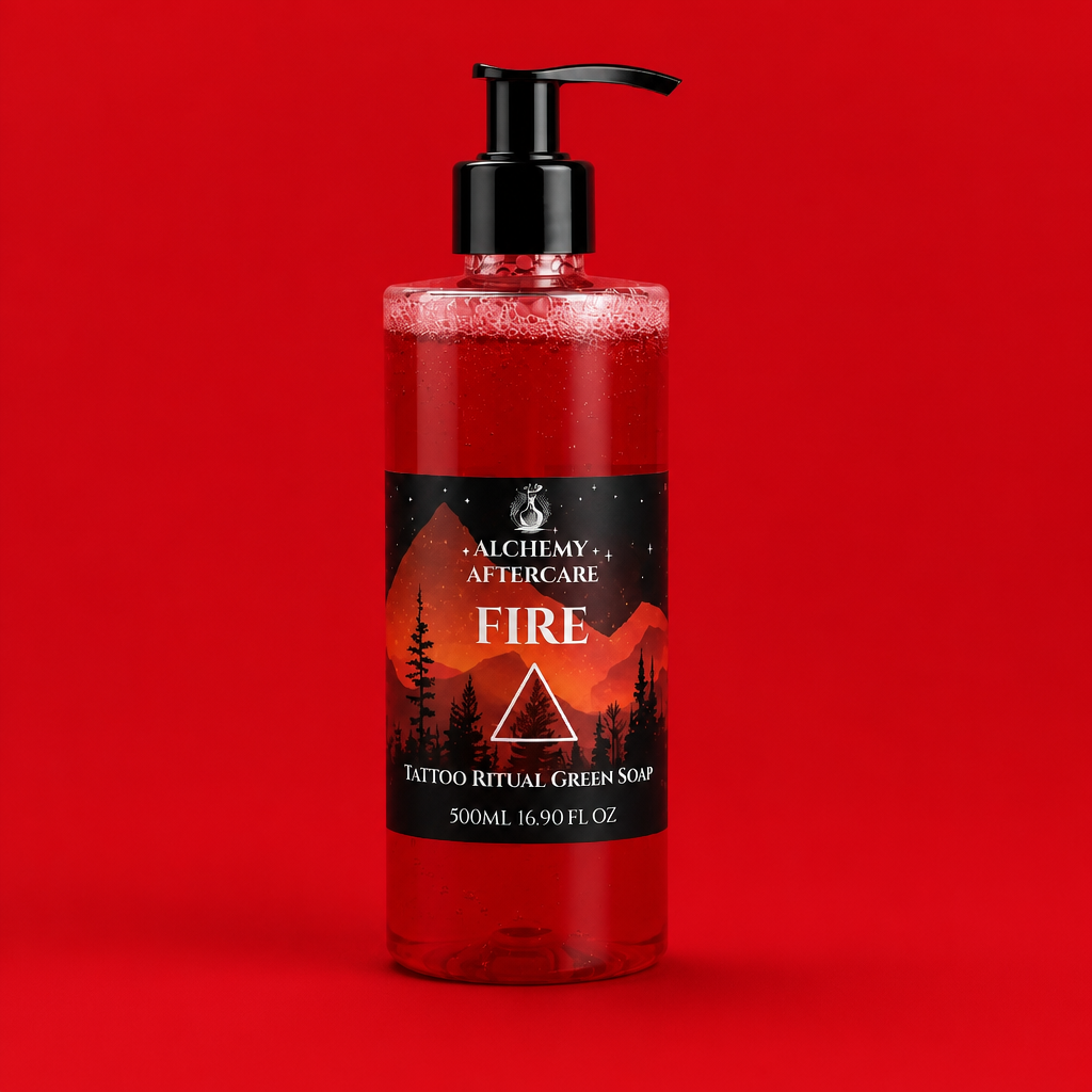 Fire Green Soap Concentrate with Dragon's Blood fragrance for professional tattoo artists, handcrafted in Sheffield pump red back ground