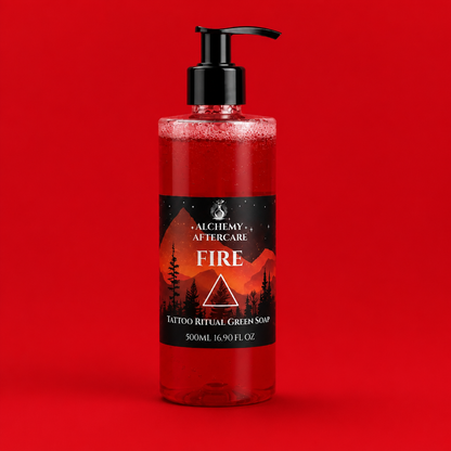 Fire Green Soap Concentrate with Dragon's Blood fragrance for professional tattoo artists, handcrafted in Sheffield pump red back ground