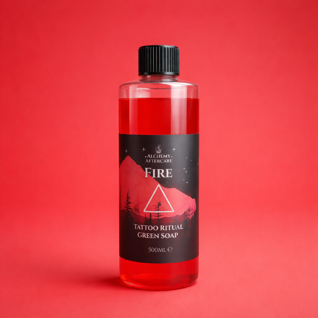 Fire Green Soap Concentrate with Dragon's Blood fragrance for professional tattoo artists, handcrafted in Sheffield, cap red back ground