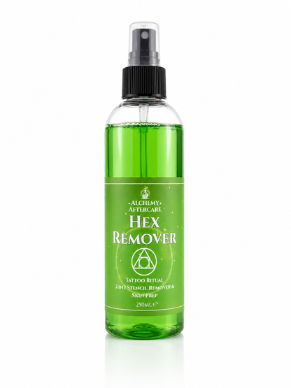 Hex Remover tattoo stencil remover and skin prep spray in 250ml trigger bottle for professional tattoo artists, white back ground