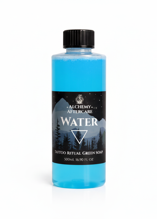 Blue bottle of tattoo aftercare product with a black cap on a white background