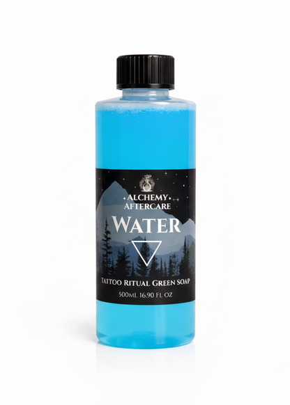 Blue bottle of tattoo aftercare product with a black cap on a white background