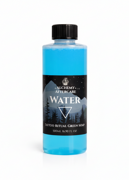Blue bottle of tattoo aftercare product with a black cap on a white background