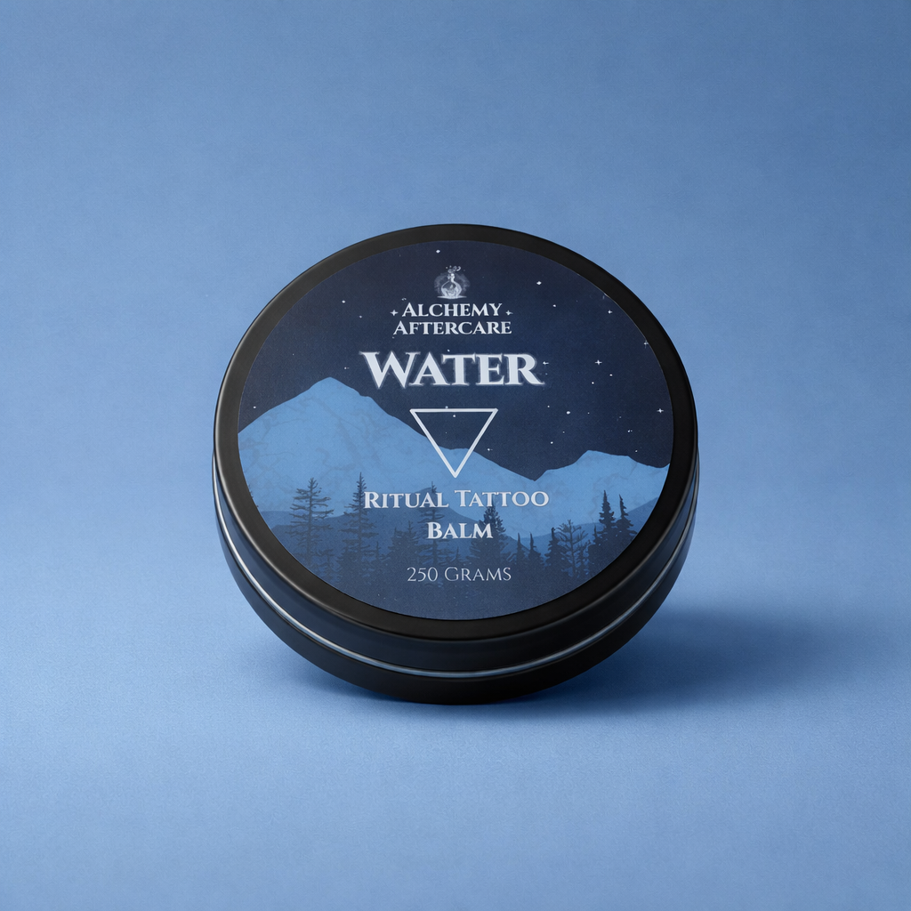 Water Tattoo Balm with Earl Grey & Cucumber fragrance, vegan tattoo aftercare balm handcrafted in Sheffield blue