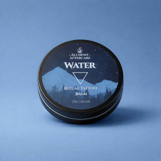 Water Tattoo Balm with Earl Grey & Cucumber fragrance, vegan tattoo aftercare balm handcrafted in Sheffield blue