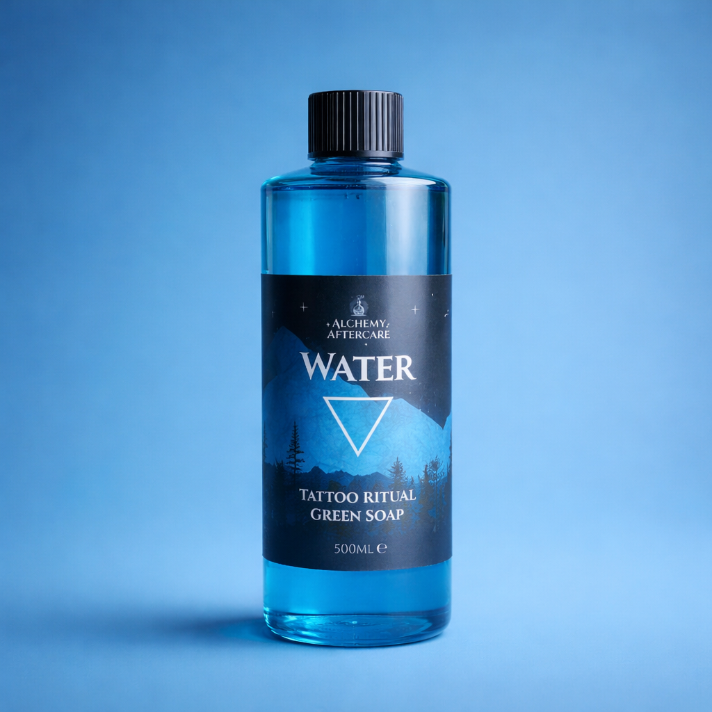 Water Green Soap Concentrate with Earl Grey & Cucumber fragrance for professional tattoo artists, handcrafted in Sheffield blue back ground