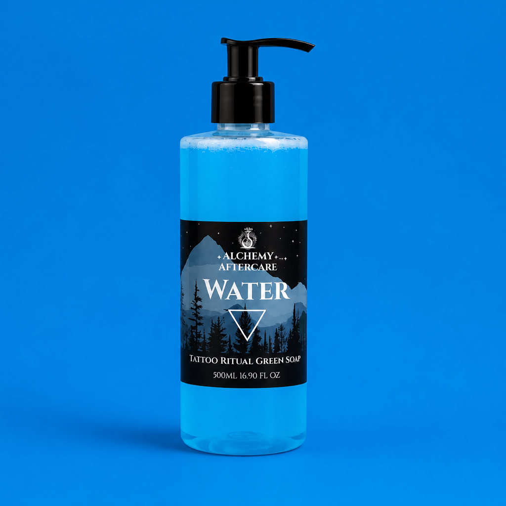 Water Green Soap Concentrate with Earl Grey & Cucumber fragrance for professional tattoo artists, handcrafted in Sheffield, pump blue background